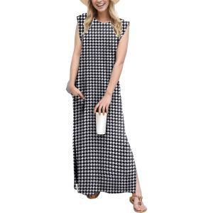 imageGRECERELLE 2026 Women YearRound Casual Round Neck Loose Split WrinkleFree Long Maxi Vacation Dress with Pockets XXS4XLFp Houndstooth
