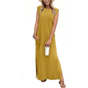imageGRECERELLE 2026 Women YearRound Casual Round Neck Loose Split WrinkleFree Long Maxi Vacation Dress with Pockets XXS4XLGinger