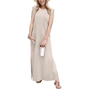 imageGRECERELLE 2026 Women YearRound Casual Round Neck Loose Split WrinkleFree Long Maxi Vacation Dress with Pockets XXS4XLOatmeal