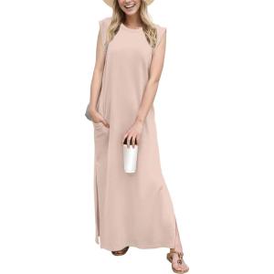imageGRECERELLE 2026 Women YearRound Casual Round Neck Loose Split WrinkleFree Long Maxi Vacation Dress with Pockets XXS4XLRose Pink