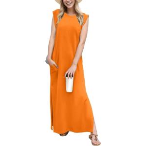 imageGRECERELLE 2026 Women YearRound Casual Round Neck Loose Split WrinkleFree Long Maxi Vacation Dress with Pockets XXS4XLVibrant Orange
