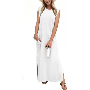imageGRECERELLE 2026 Women YearRound Casual Round Neck Loose Split WrinkleFree Long Maxi Vacation Dress with Pockets XXS4XLWhite