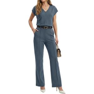 imageGRECERELLE 2026 Womens Spring amp Summer Casual 2 Piece Set  VNeck Top amp WrinkleFree Pants With PocketsDenim Blue