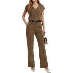 imageGRECERELLE 2026 Womens Spring amp Summer Casual 2 Piece Set  VNeck Top amp WrinkleFree Pants With PocketsLight Coffee