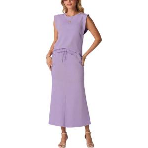 imageGRECERELLE Women Summer 2 Piece Sets Round Neck WrinkleFree Top amp Elastic Waist Midi Fishtail Skirt with PocketsXS3XLAura Indigo