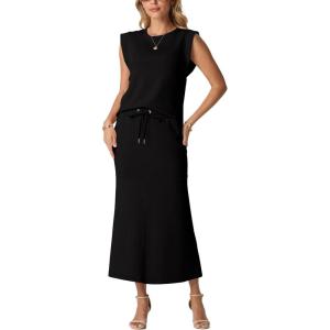 imageGRECERELLE Women Summer 2 Piece Sets Round Neck WrinkleFree Top amp Elastic Waist Midi Fishtail Skirt with PocketsXS3XLBlack
