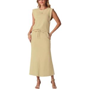 imageGRECERELLE Women Summer 2 Piece Sets Round Neck WrinkleFree Top amp Elastic Waist Midi Fishtail Skirt with PocketsXS3XLButter Yellow