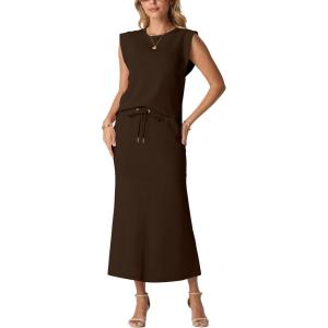imageGRECERELLE Women Summer 2 Piece Sets Round Neck WrinkleFree Top amp Elastic Waist Midi Fishtail Skirt with PocketsXS3XLDark Coffee