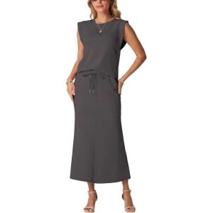 imageGRECERELLE Women Summer 2 Piece Sets Round Neck WrinkleFree Top amp Elastic Waist Midi Fishtail Skirt with PocketsXS3XLDark Gray