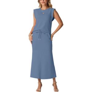 imageGRECERELLE Women Summer 2 Piece Sets Round Neck WrinkleFree Top amp Elastic Waist Midi Fishtail Skirt with PocketsXS3XLDenim Blue