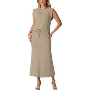 imageGRECERELLE Women Summer 2 Piece Sets Round Neck WrinkleFree Top amp Elastic Waist Midi Fishtail Skirt with PocketsXS3XLKhaki