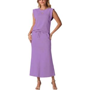 imageGRECERELLE Women Summer 2 Piece Sets Round Neck WrinkleFree Top amp Elastic Waist Midi Fishtail Skirt with PocketsXS3XLLilac