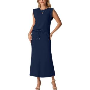 imageGRECERELLE Women Summer 2 Piece Sets Round Neck WrinkleFree Top amp Elastic Waist Midi Fishtail Skirt with PocketsXS3XLNavy Blue