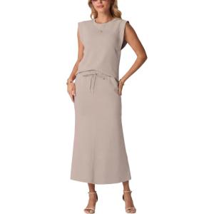 imageGRECERELLE Women Summer 2 Piece Sets Round Neck WrinkleFree Top amp Elastic Waist Midi Fishtail Skirt with PocketsXS3XLOatmeal