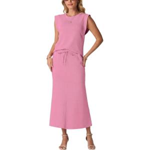 imageGRECERELLE Women Summer 2 Piece Sets Round Neck WrinkleFree Top amp Elastic Waist Midi Fishtail Skirt with PocketsXS3XLRose Red