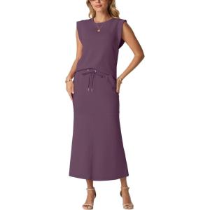 imageGRECERELLE Women Summer 2 Piece Sets Round Neck WrinkleFree Top amp Elastic Waist Midi Fishtail Skirt with PocketsXS3XLRosewood