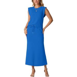 imageGRECERELLE Women Summer 2 Piece Sets Round Neck WrinkleFree Top amp Elastic Waist Midi Fishtail Skirt with PocketsXS3XLRoyal Blue
