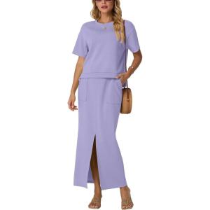imageGRECERELLE Women Summer Casual 2 Piece Sets CrewNeck WrinkleFree Top amp Elastic Waist Maxi Front Slit Skirt with PocketsAura Indigo