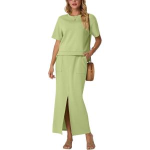 imageGRECERELLE Women Summer Casual 2 Piece Sets CrewNeck WrinkleFree Top amp Elastic Waist Maxi Front Slit Skirt with PocketsAvocado Green