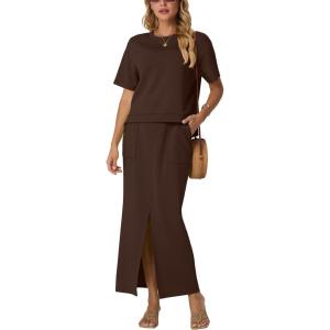 imageGRECERELLE Women Summer Casual 2 Piece Sets CrewNeck WrinkleFree Top amp Elastic Waist Maxi Front Slit Skirt with PocketsDark Coffee