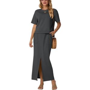imageGRECERELLE Women Summer Casual 2 Piece Sets CrewNeck WrinkleFree Top amp Elastic Waist Maxi Front Slit Skirt with PocketsDark Gray