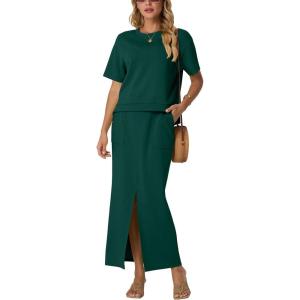 imageGRECERELLE Women Summer Casual 2 Piece Sets CrewNeck WrinkleFree Top amp Elastic Waist Maxi Front Slit Skirt with PocketsDark Green