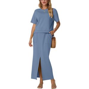 imageGRECERELLE Women Summer Casual 2 Piece Sets CrewNeck WrinkleFree Top amp Elastic Waist Maxi Front Slit Skirt with PocketsDenim Blue