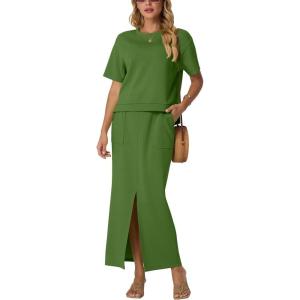 imageGRECERELLE Women Summer Casual 2 Piece Sets CrewNeck WrinkleFree Top amp Elastic Waist Maxi Front Slit Skirt with PocketsDill Green