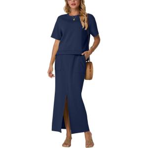 imageGRECERELLE Women Summer Casual 2 Piece Sets CrewNeck WrinkleFree Top amp Elastic Waist Maxi Front Slit Skirt with PocketsNavy Blue