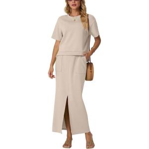 imageGRECERELLE Women Summer Casual 2 Piece Sets CrewNeck WrinkleFree Top amp Elastic Waist Maxi Front Slit Skirt with PocketsOatmeal