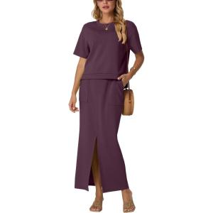 imageGRECERELLE Women Summer Casual 2 Piece Sets CrewNeck WrinkleFree Top amp Elastic Waist Maxi Front Slit Skirt with PocketsRosewood