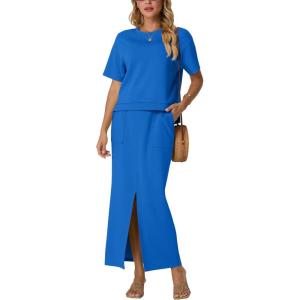 imageGRECERELLE Women Summer Casual 2 Piece Sets CrewNeck WrinkleFree Top amp Elastic Waist Maxi Front Slit Skirt with PocketsRoyal Blue