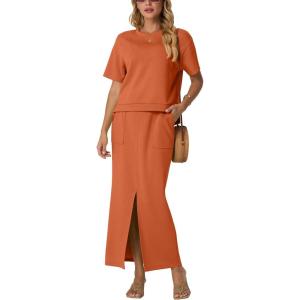 imageGRECERELLE Women Summer Casual 2 Piece Sets CrewNeck WrinkleFree Top amp Elastic Waist Maxi Front Slit Skirt with PocketsTan