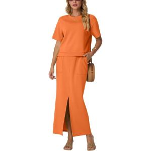 imageGRECERELLE Women Summer Casual 2 Piece Sets CrewNeck WrinkleFree Top amp Elastic Waist Maxi Front Slit Skirt with PocketsVibrant Orange