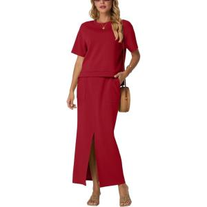 imageGRECERELLE Women Summer Casual 2 Piece Sets CrewNeck WrinkleFree Top amp Elastic Waist Maxi Front Slit Skirt with PocketsWine Red