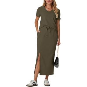 imageGRECERELLE Women Summer Casual 2 Piece Sets VNeck WrinkleFree Top amp Elastic Waist Midi Side Slit Skirt with PocketsArmy Green