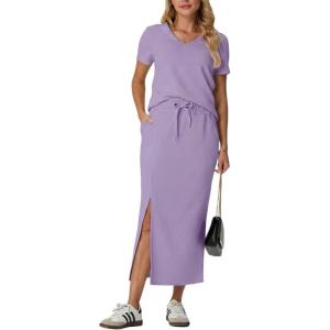 imageGRECERELLE Women Summer Casual 2 Piece Sets VNeck WrinkleFree Top amp Elastic Waist Midi Side Slit Skirt with PocketsAura Indigo