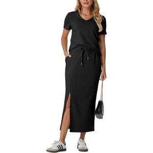 imageGRECERELLE Women Summer Casual 2 Piece Sets VNeck WrinkleFree Top amp Elastic Waist Midi Side Slit Skirt with PocketsBlack