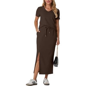 imageGRECERELLE Women Summer Casual 2 Piece Sets VNeck WrinkleFree Top amp Elastic Waist Midi Side Slit Skirt with PocketsDark Coffee