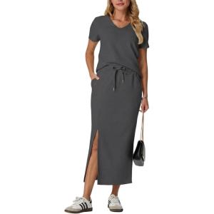 imageGRECERELLE Women Summer Casual 2 Piece Sets VNeck WrinkleFree Top amp Elastic Waist Midi Side Slit Skirt with PocketsDark Gray
