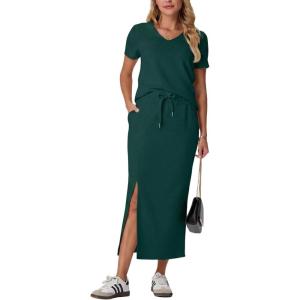 imageGRECERELLE Women Summer Casual 2 Piece Sets VNeck WrinkleFree Top amp Elastic Waist Midi Side Slit Skirt with PocketsDark Green
