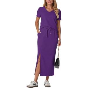 imageGRECERELLE Women Summer Casual 2 Piece Sets VNeck WrinkleFree Top amp Elastic Waist Midi Side Slit Skirt with PocketsDark Purple