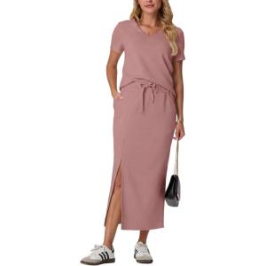 imageGRECERELLE Women Summer Casual 2 Piece Sets VNeck WrinkleFree Top amp Elastic Waist Midi Side Slit Skirt with PocketsDeep Pink