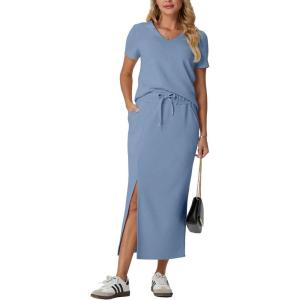 imageGRECERELLE Women Summer Casual 2 Piece Sets VNeck WrinkleFree Top amp Elastic Waist Midi Side Slit Skirt with PocketsDenim Blue