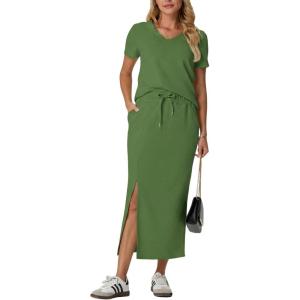 imageGRECERELLE Women Summer Casual 2 Piece Sets VNeck WrinkleFree Top amp Elastic Waist Midi Side Slit Skirt with PocketsDill Green