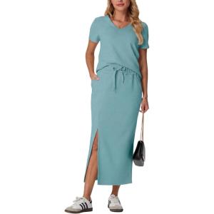 imageGRECERELLE Women Summer Casual 2 Piece Sets VNeck WrinkleFree Top amp Elastic Waist Midi Side Slit Skirt with PocketsLight Blue