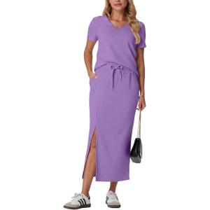 imageGRECERELLE Women Summer Casual 2 Piece Sets VNeck WrinkleFree Top amp Elastic Waist Midi Side Slit Skirt with PocketsLilac