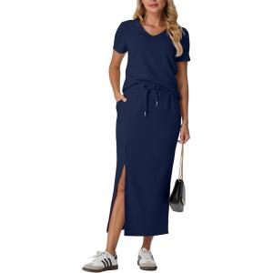 imageGRECERELLE Women Summer Casual 2 Piece Sets VNeck WrinkleFree Top amp Elastic Waist Midi Side Slit Skirt with PocketsNavy Blue