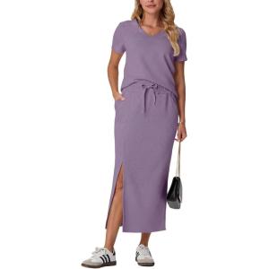 imageGRECERELLE Women Summer Casual 2 Piece Sets VNeck WrinkleFree Top amp Elastic Waist Midi Side Slit Skirt with PocketsPurple