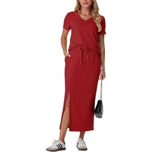 imageGRECERELLE Women Summer Casual 2 Piece Sets VNeck WrinkleFree Top amp Elastic Waist Midi Side Slit Skirt with PocketsRed